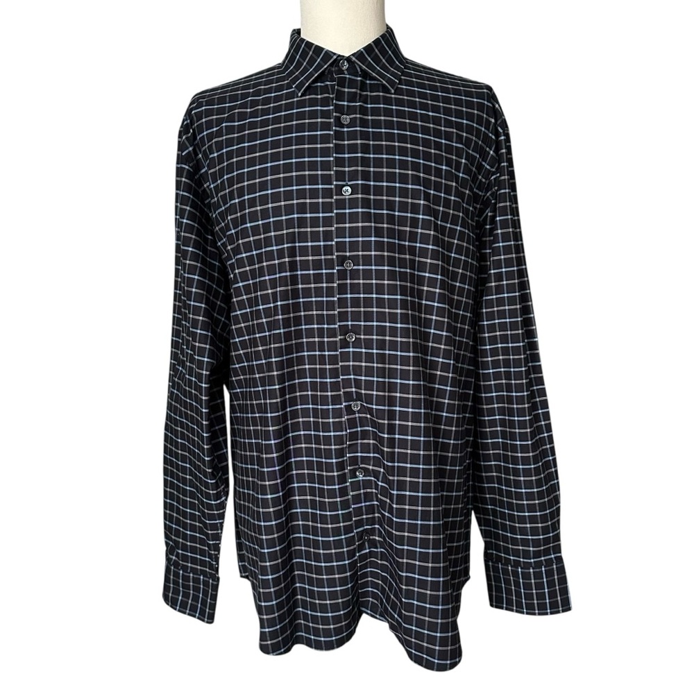 Bugatchi Black/Blue/Gray Checkered Button Down Shirt 100% Cotton Classic Fit XL